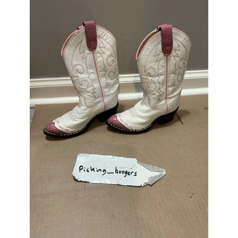 Old West Girls White And Pink All Leather Cowboy Boots 11.5